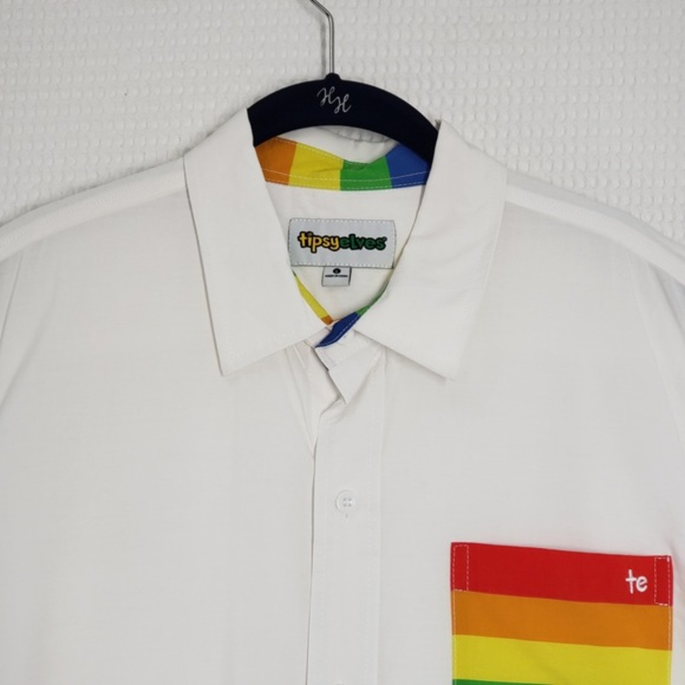 Tipsy Elves Button Down Shirt Mens Large White Rainbow PRIDE Pocket Fanny‎ Pack - Picture 13 of 16